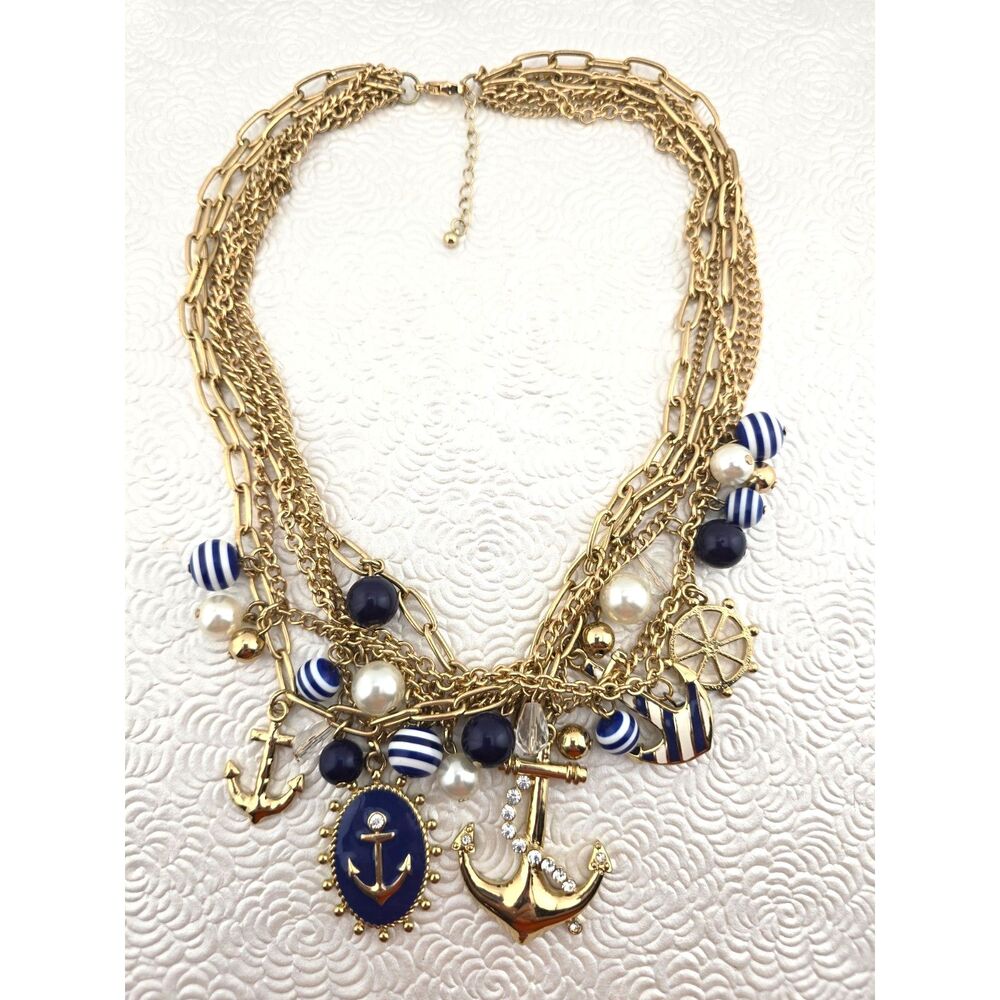 Chunky Coastal Charms Necklace Gold Tone Blue White Enamel Beads Pearls Sea